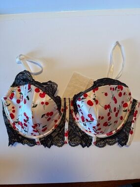 Adore Me White Cherry Print Bra with Black Lace Trim